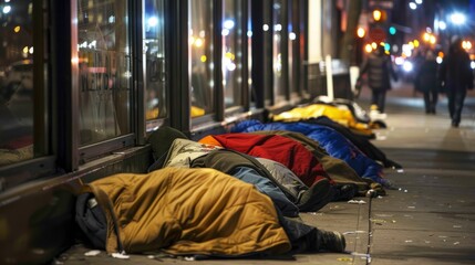 A line of homeless individuals sleeping on city streets, their makeshift shelters barely offering...