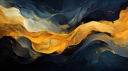 Beautiful Art of Gold and Blue Brush Stroke Artistic Curvy Acrylic Paint on Background