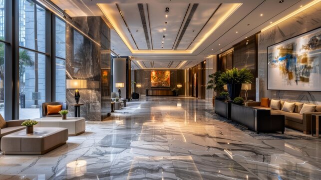 The hotel lobby is decorated with marble floors and high ceilings