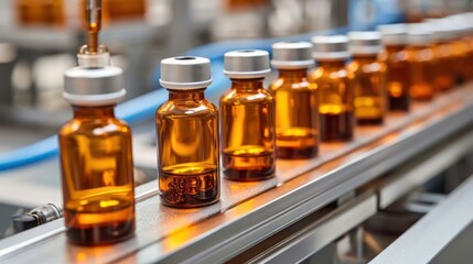 Medical vials on production line at pharmaceutical factory, Pharmaceutical machine working pharmaceutical glass bottles production line
