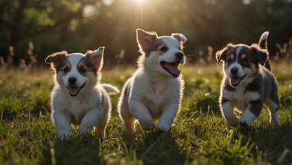 An image of playful puppies frolicking in a sunlit meadow, their joyous antics captured in mid-leap and wagging tails ai_generated