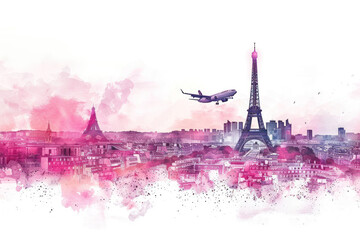 Pink watercolor paint of airplane flying over the city of Paris