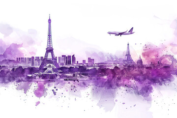 Purple watercolor paint of airplane flying over the city of Paris