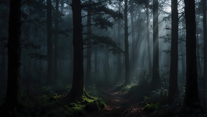 Obraz premium A misty forest scene with deep shadows and piercing light, evoking a moody atmosphere ai_generated