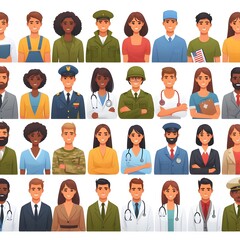 Avatars of people, soldiers, nurses, teachers, doctors, police are ready. Young men and women with thoughtful expressions. Modern character heads smiling happily, girls and guys, full body, one person