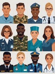 Avatars of people, soldiers, nurses, teachers, doctors, police are ready. Young men and women with thoughtful expressions. Modern character heads smiling happily, girls and guys, full body, one person