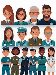 Avatars of people, soldiers, nurses, teachers, doctors, police are ready. Young men and women with thoughtful expressions. Modern character heads smiling happily, girls and guys, full body, one person
