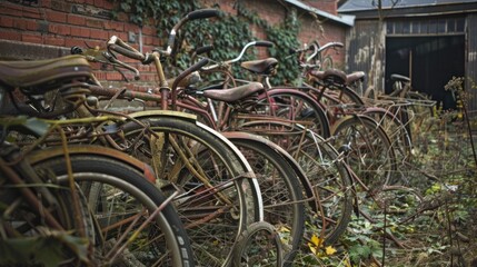 Fototapeta na wymiar A row of abandoned bicycles rusting away in a neglected lot, their twisted frames and broken wheels symbols of urban decay and neglect