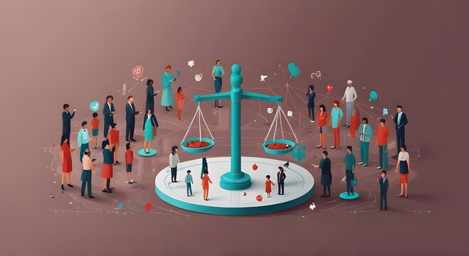 Health equity and balance compared with medical equality tiny person concept. Justice and fair availability system for all society and community vector illustration. Society healthcare solution.