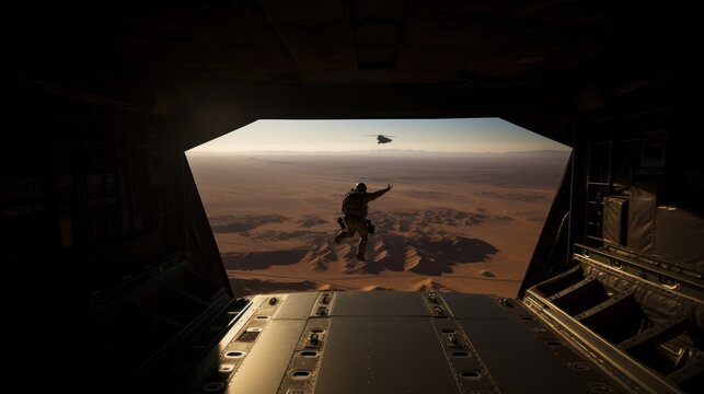 Airborne soldier with parachute on back jumps out of military plane at sunrise light