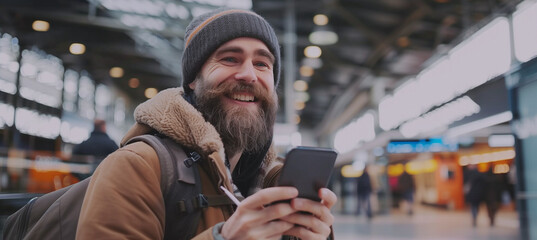 Cheerful young bearded man sitting at the airport station, using his smartphone with a smile on his face. Ample copy space available for text or messaging. Modern technology and travel concept.