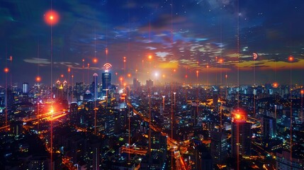 Smart city and communication network concept. 5G. LPWA (Low Power Wide Area). Wireless communication. Technology and business background