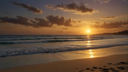 Obraz premium A secluded beach at sunset, where golden hues merge with the tranquil ocean waves, embodying pure bliss ai_generated