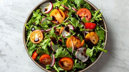 Tasty salad with balsamic vinegar on white marble table