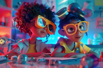 Two Curious Cartoon Robot Kids Exploring Scientific Concepts in a Vibrant Futuristic Classroom Setting