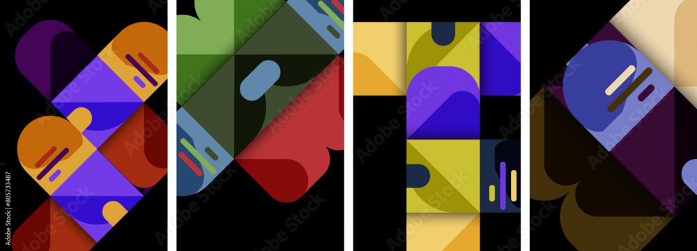Poster a vibrant collage of colorful rectangles and triangles set against a black background, featuring ele