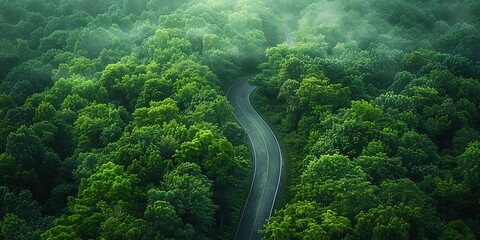 Birds-eye view of green forest below, separated by winding asphalt road. Luxurious aesthetic background. Generative AI