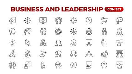 Business people line icons collection. Teamwork, goal, education, skills, career icons. UI icon set. Thin outline pack.management, administration, supervision, leadership, business. Outline icon set.