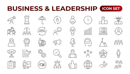 Business people line icons collection. Teamwork, goal, education, skills, career icons. UI icon set. Thin outline pack.management, administration, supervision, leadership, business. Outline icon set.