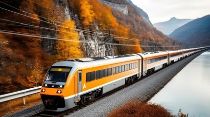 A locomotive pulls a passenger train along a winding road among the autumn forest and mountains.