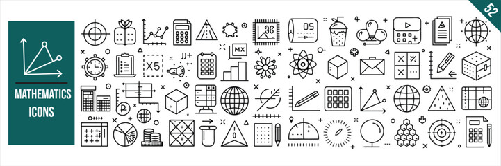 Set of 52 outline icons related to Mathematics. Linear icon collection. Vector illustration.