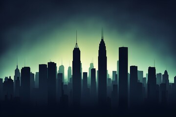 A city skyline with tall buildings and a dark sky