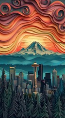 Seattle Skyline Mount Rainier at Sunrise Sunset Paper Cut Phone Wallpaper Background Illustration	