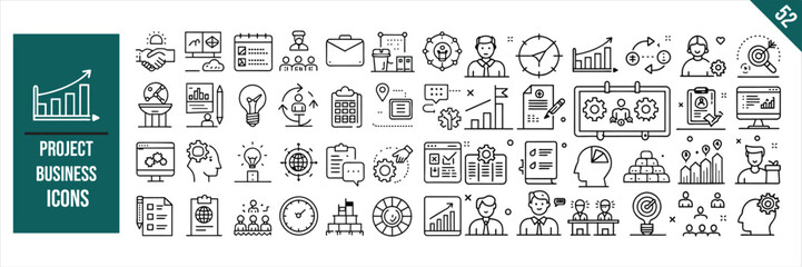 Set of 52 outline icons related to Project Business. Linear icon collection. Vector illustration.