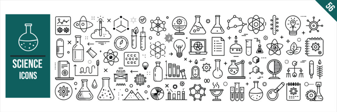 Set of 56 outline icons related to Science. Linear icon collection. Vector illustration.