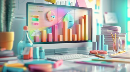 Colorful data analytics on a vibrant office desktop setup