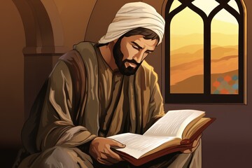 Male Muslim with beard in cloak carefully with respect reads holy Quran. Muslim studies Quran drawing wisdom of ages and filled with spiritual calm with knowledge with confidence in power of Almighty