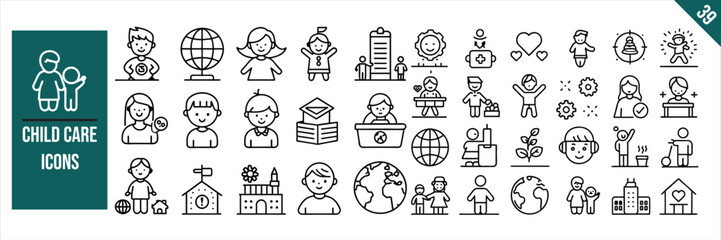 Set of 39 outline icons related to child care. Linear icon collection. Vector illustration.