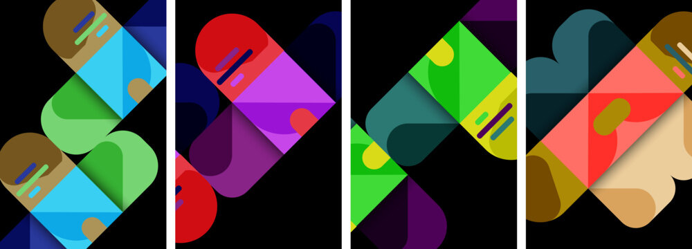 A set of four vibrant geometric designs featuring rectangles and triangles in various shades of purple. The artwork showcases symmetry and intricate patterns on a black background