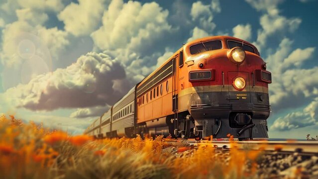 Vintage train approaching on tracks amidst orange flowers during sunny day