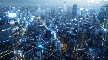 Smart city and communication network concept. 5G. LPWA (Low Power Wide Area). Wireless communication. Technology and business background