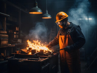 a man in a hard hat is working on a metal tool