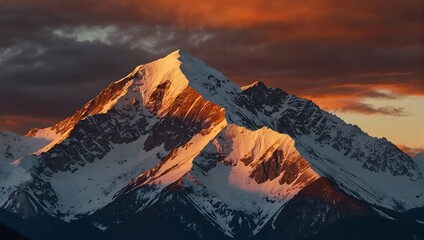 The towering grandeur of a snow-capped mountain range, crowned by a blazing sunset, radiating majestic splendor ai_generated