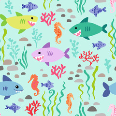 Coastal seamless vector repeat pattern with happy sea animals. sharks, fish, seahorse, corals on aqua teal blue background. Summer, swim, poolside, kids swimwear, beach backdrop