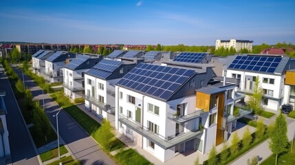 Obraz premium Eco-friendly apartment buildings with large solar panels on roofs surrounded by bright autumn trees