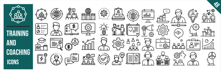 Set of 48 outline icons related to training and coaching. Linear icon collection. Vector illustration.