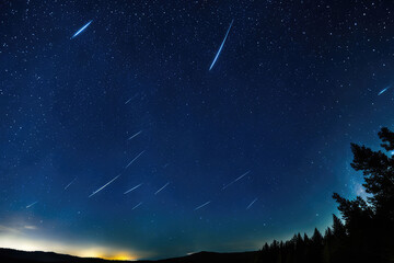 Starry night clean sky, time lapse beautiful rotation star line in horizon, meteor shower.
