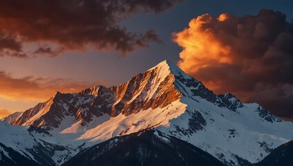 The towering grandeur of a snow-capped mountain range, crowned by a blazing sunset, radiating majestic splendor ai_generated