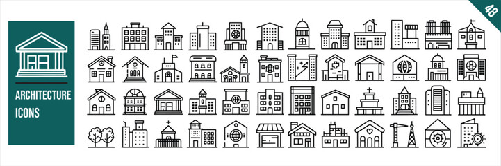 Set of 48 outline icons related to architecture. Linear icon collection. Vector illustration.