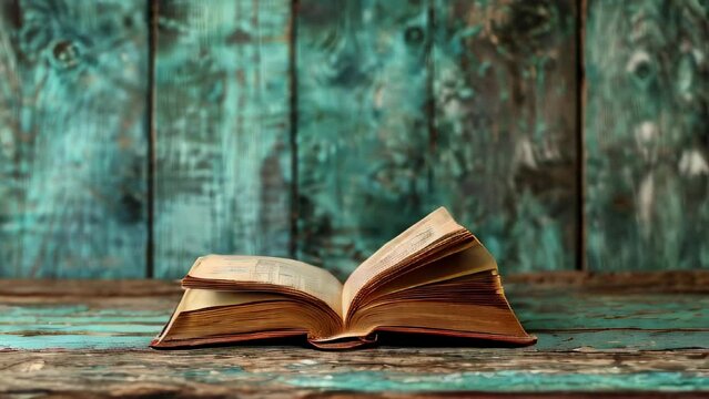 Open book on rustic wooden table with turquoise plank background