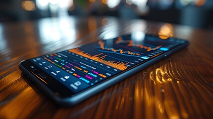 Smart phone - stock trading app - data - charts - stock price - line graph - wood table - graphic resource - background - stock price - stock market 