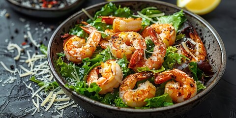 A close shot of barbecue Shrimps Caesar served with lettuce and vegetables in a wooden bowl a background for product or text, Generative AI.