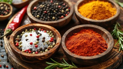 Colorful spices on wooden table for cooking