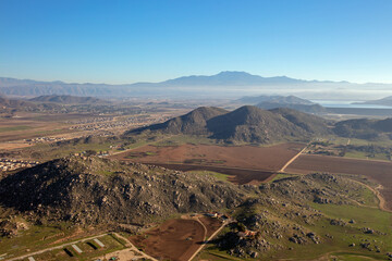 Aerial view from hot air balloon of foothills and fields in Winchester  southern California United...