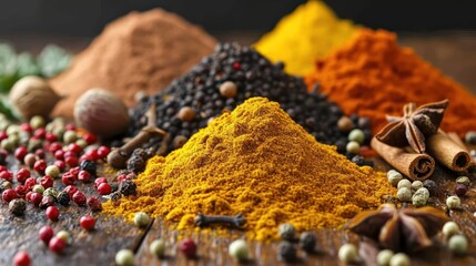 Colorful spices on wooden table for cooking