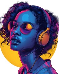 Vintage Illustrator style stickers vector designed in bright neon colors. Referring to 80s dance music, it showcases chic black African women. Wear headphones and sunglasses placed on a white bg.